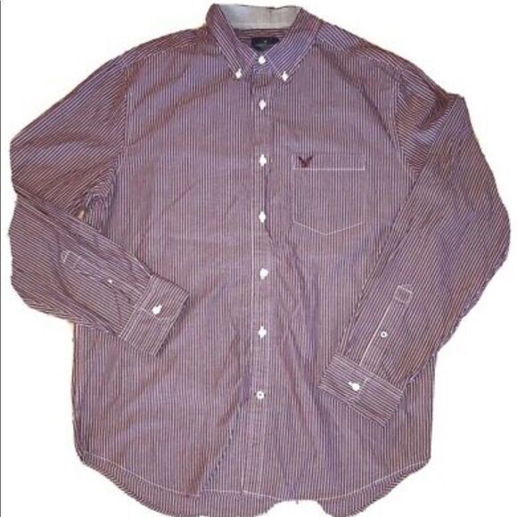 ✨2xHP✨AEO Striped Button Down Shirt. Maroon✨ - Picture 1 of 6